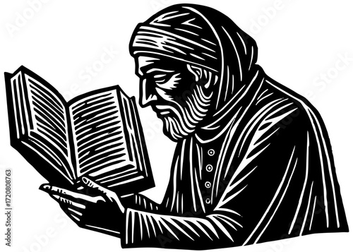 Old Man Reading Quran Silhouette, Islamic Worship Religion SVG, PNG