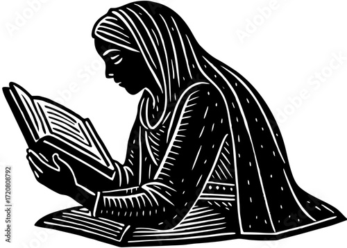 Woman Reading Quran Silhouette, Islamic Worship Religion SVG, PNG