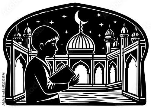 Boy in Mosque with Quran Silhouette, Islamic Worship Religion SVG, PNG