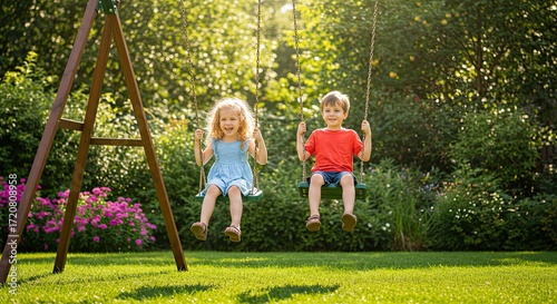 girl and boy playing in backyard swing set