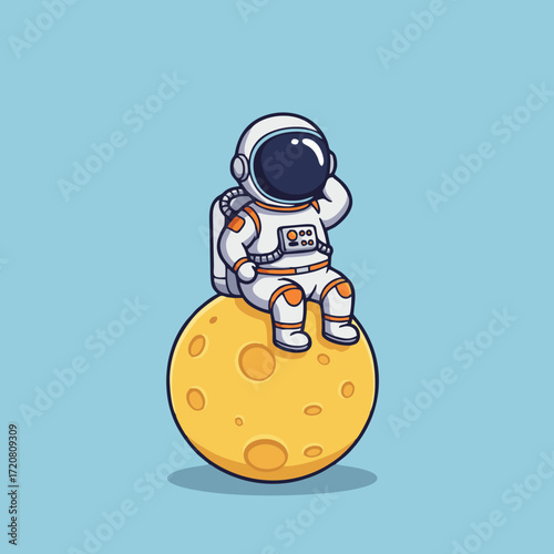 A cute cartoon astronaut in a white spacesuit sits thoughtfully on the small, yellow, cratered moon.