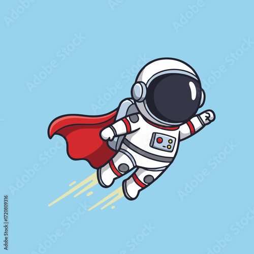 A cute cartoon astronaut in a white spacesuit with a red cape soars through the sky, propelled by yellow exhaust fumes.