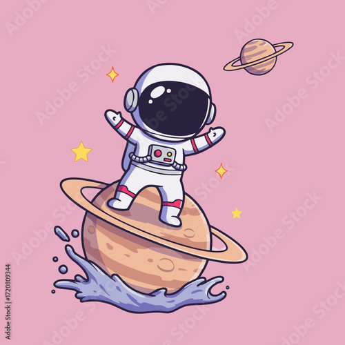 A cute cartoon astronaut joyfully surfs on the rings of a planet, creating cosmic waves in space.