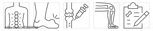 Joint pain icons set. Symbols related to bones and joint. Vector editable stroke.