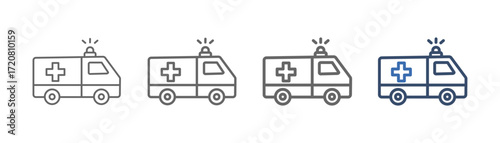 
Outline icon set of ambulance with car design, siren and plus sign