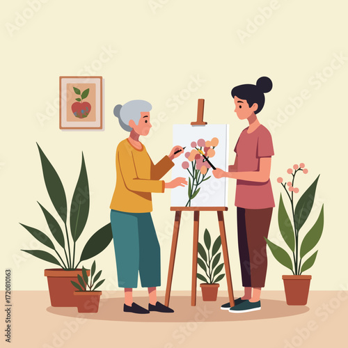 National Day of Arts in Care Homes vector with abstract art, elderly creativity, healing symbols, intergenerational connection, and artistic therapy. Flat, solid color illustration celebrating creativ