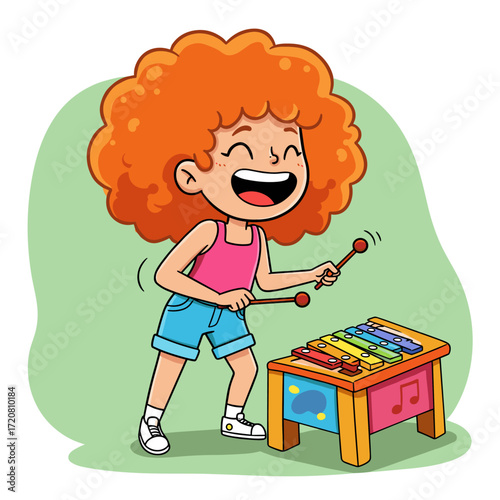 Smiling child with curly orange hair playing colorful xylophone, wearing pink top and blue shorts.