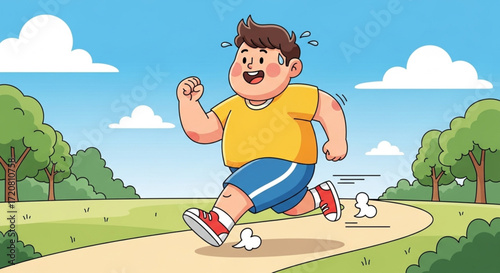 A cheerful, overweight cartoon boy is jogging with effort on a sunny outdoor path.