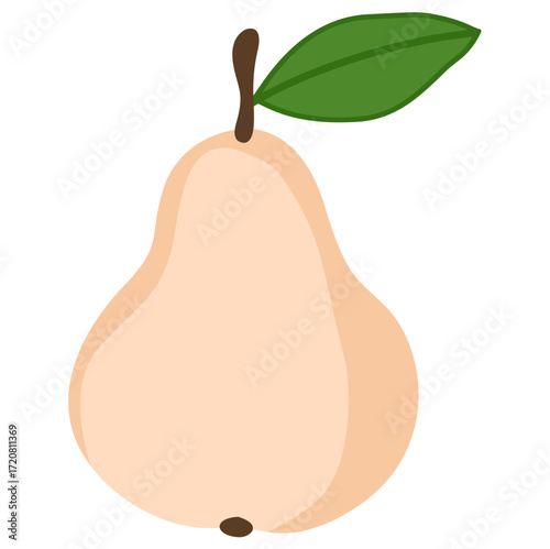 Simple flat illustration of a ripe pear with a green leaf and stem, isolated on white background