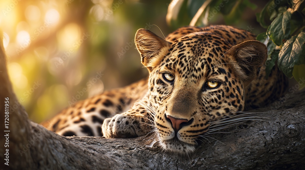 Obraz premium Leopard resting on tree branch in jungle