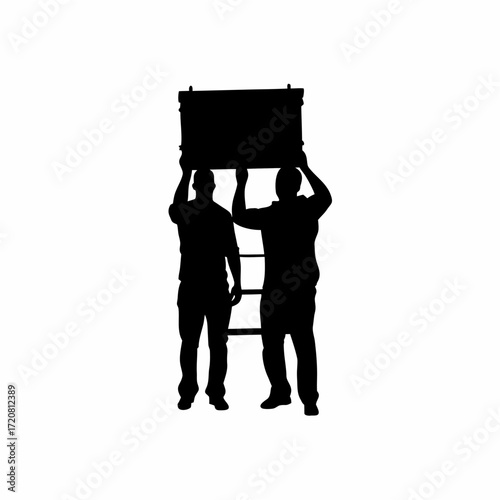 Group of technicians setting up conference room projector silhouette