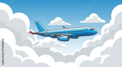 Blue airplane flying in the sky illustration for travel and transportation related designs and commercial use