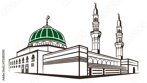 Saudi Arabia Medina vector design featuring green dome, silver minaret, palm trees, and Islamic art elements.