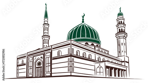Vector illustration of Medina Saudi Arabia with green and silver domes, minaret, palm trees, and Islamic art.