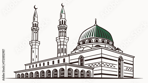 Vector design of Medina showing green dome, silver minaret, palm trees, and Islamic geometric patterns.