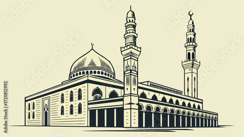 Vector illustration of Medina with Islamic architecture, green dome, silver minaret, and palm trees.