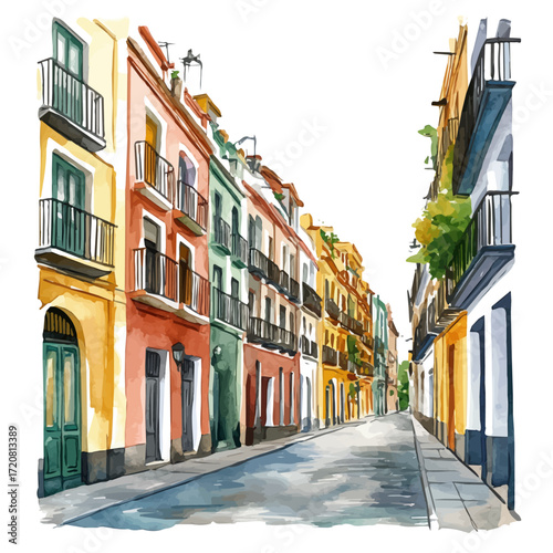 Spanish Red Streets, watercolor illustration vector, isolated on a white background.