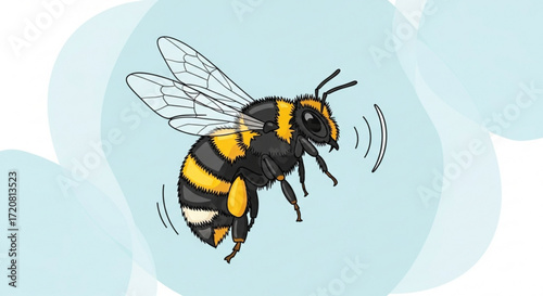 Illustration of a bumble bee flying and buzzing with black and yellow stripes and transparent wings design