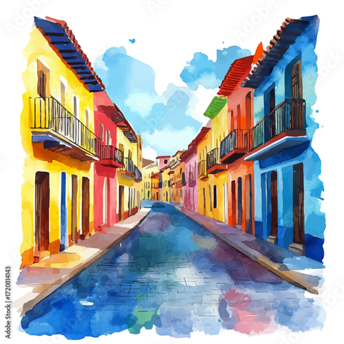 watercolor vector of Spanish Red Streets, isolated on a white background.