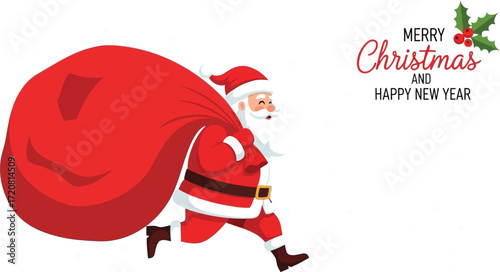 Santa Claus runs with a large sack of gifts, spreading holiday cheer.