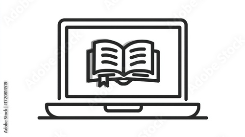 A simple line drawing of a laptop computer displaying an open book icon on its screen, suggesting online reading or digital learning
