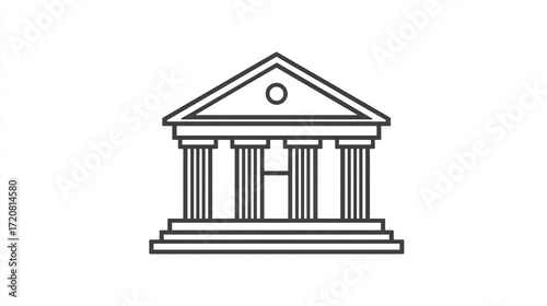 Simple, black outline drawing of an ancient-style building with columns and steps
