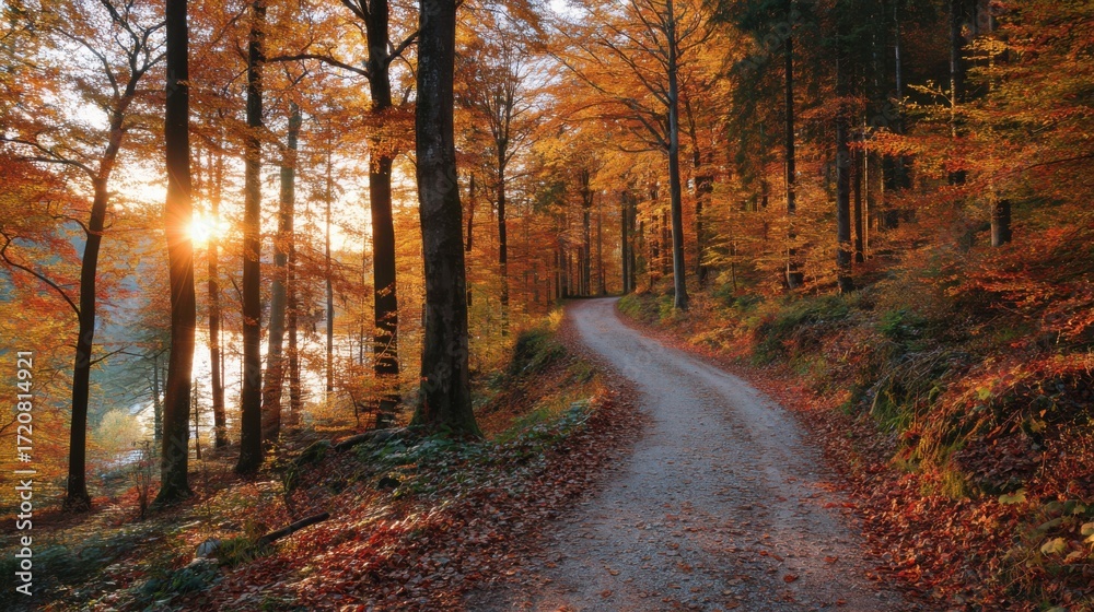 Obraz premium Sunlight filters through tall trees as vibrant autumn leaves blanket the ground along a winding path. The tranquil atmosphere invites a peaceful stroll by a serene lake.