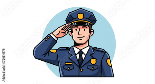 Cartoon police officer in uniform saluting vector illustration law enforcement security public safety concept