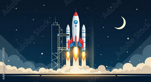 Rocket launch vector illustration space exploration and startup concept in the night sky design