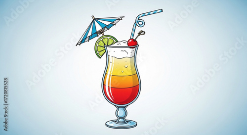 Delicious tropical cocktail drink with umbrella and straw vector illustration summer vacation beverage design