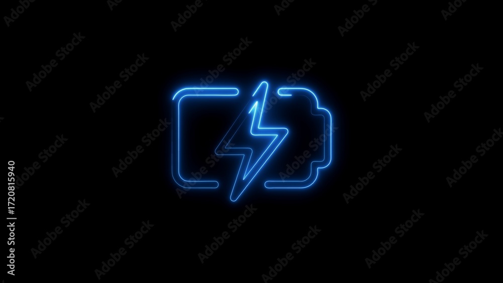 Obraz premium Glowing neon battery symbol with lightning bolt icon on a black background