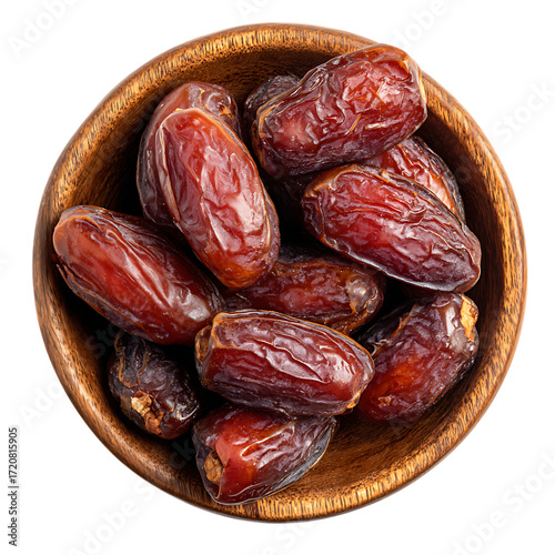 A wooden bowl filled with ripe dates isolated on transparent background