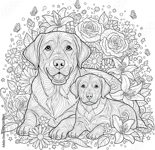 A beautiful coloring page depicting two happy Labrador Retrievers, an adult and a puppy, surrounded by intricate flowers and butterflies.