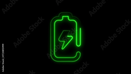 Glowing green neon battery charging symbol with lightning bolt on a black background