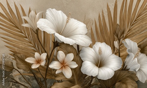 A delicate arrangement of creamy white hibiscus flowers and tropical leaves, rendered in warm, muted tones of beige and brown.
