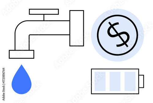Water droplet under faucet, dollar coin, partially charged battery. Ideal for sustainability, energy saving, economy, utility costs, conservation efficiency renewable energy. Simple flat metaphor