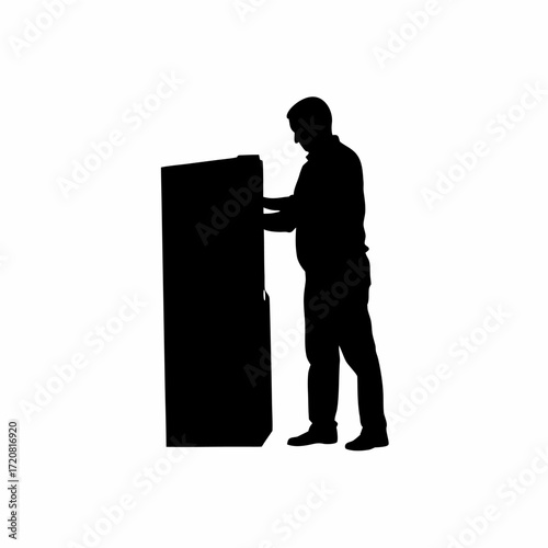 It support staff silhouette rebooting a server machine on white background silhouette