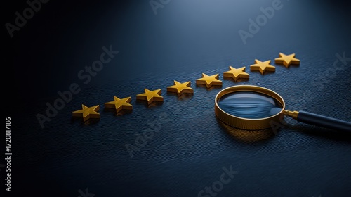 Golden stars and a magnifying glass on a dark surface symbolize review, quality, and evaluation