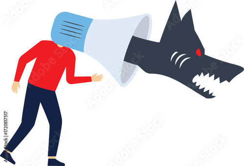Hand holding a megaphone and shouting and flying out of the megaphone a vicious wolf

