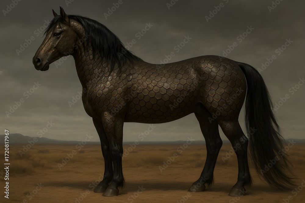 Fototapeta premium Mythical fantasy horse with reptilian snake-like scales standing in a wild, arid landscape