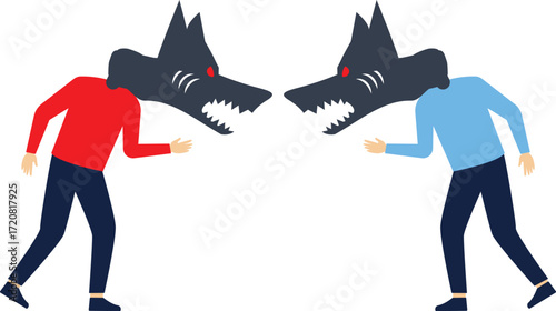 Two wolf businessmen sitting at table talking negotiation, strong dialogue and meeting
