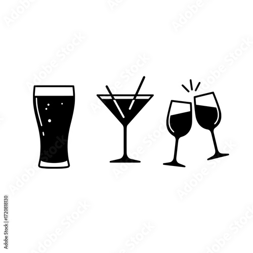 Three stylized black ink drawings of alcoholic beverages including a pint of beer a martini glass with straws and two wine glasses toasting isolated on white background isolated on transparent backgro