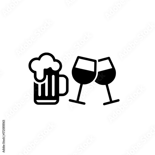 Stylized black line art icon of a frothy beer mug and two wine glasses clinking together isolated on white background isolated on transparent background