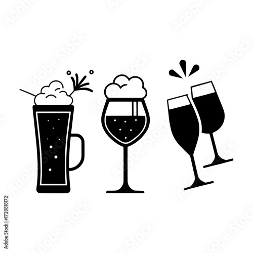 Three stylized black silhouette illustrations of alcoholic beverages including a frothy beer mug a stemmed glass of beer and two clinking champagne flutes isolated on white background isolated on tran