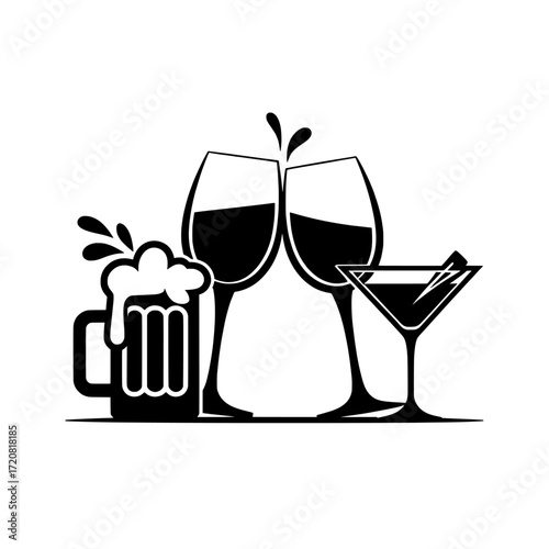 Cheers to a celebration with a frothy beer mug two clinking wine glasses and a martini glass isolated on white background isolated on transparent background