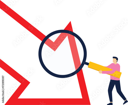 Business or investment forecasts, recession, businessman with magnifying glass standing at bottom of falling arrow to view

