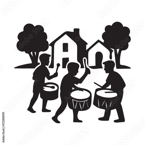 An illustration of a family sitting at a table in their house, with a woman drinking coffee
