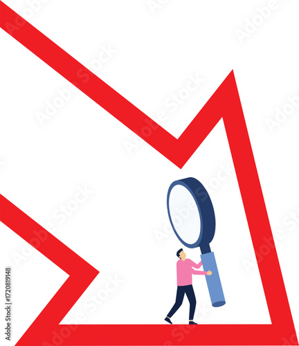 Business or investment forecasts, recession, businessman with magnifying glass standing at bottom of falling arrow to view

