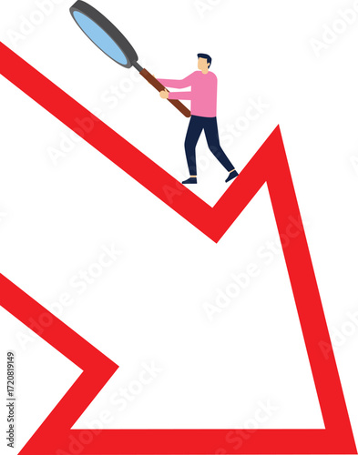 Business or investment forecasts, recession, businessman with magnifying glass standing at bottom of falling arrow to view


