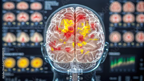 Cognitive disorder concept ,brain map Alzheimer disease areas highlighted with inflammation and plaque visualization